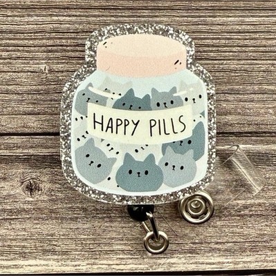 Retractable ID Badge Reel Holder Swivel Clip ''Happy Pills'' Cat Blue Black