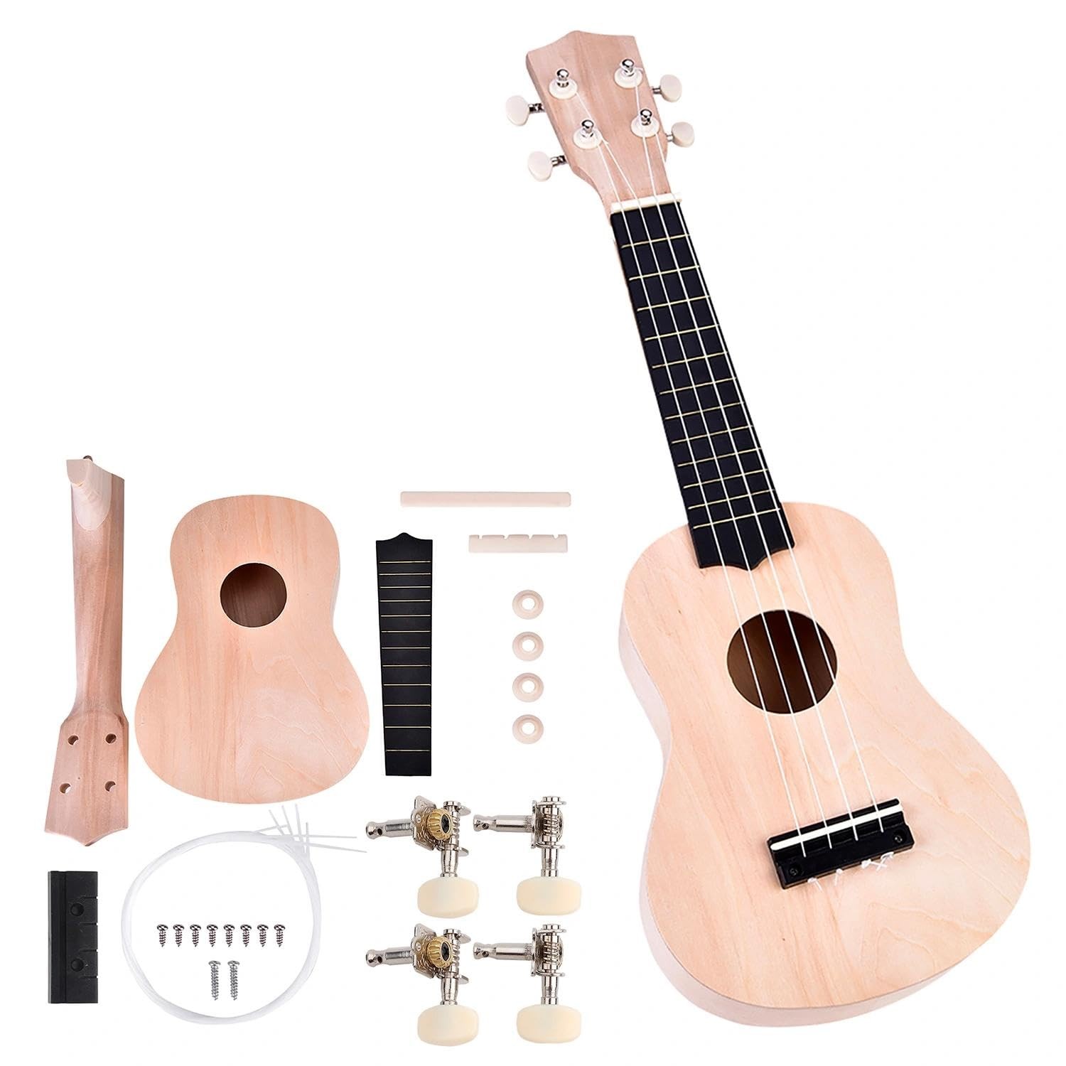Kit Ukulélé à Monter en Bois Soprano 21 Pouces 4 Cordes pour Adulte et Enfant