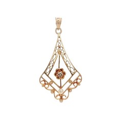 Antique Art Nouveau 10k Gold Old Diamond & Seed Pearl Open Work Lavalier Pendant