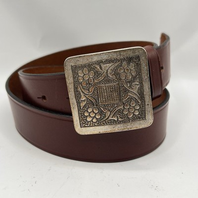 VTG Merona Genuine Leather Belt M Brown Square Brass Floral Buckle Boho Folk