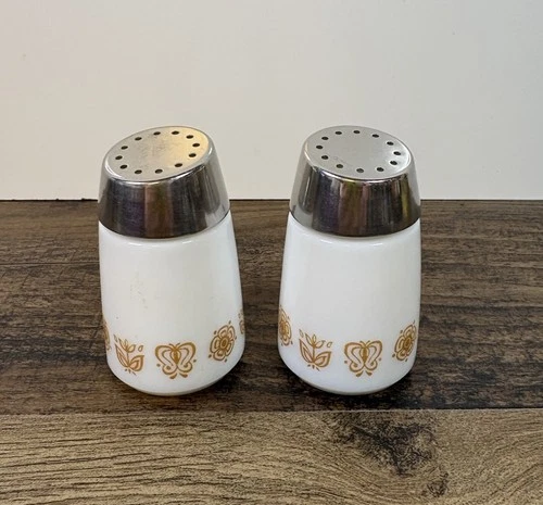 Vintage Starline Golden Butterfly Print Milk Glass Salt & Pepper Shakers