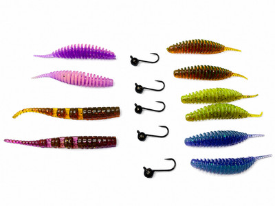 XUL Größe 14 Haken schwarz mit Goldspek x 5 + 10 Weichplastikköder 0,71 g