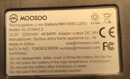 Genuine MOOSOO 22.2V 2200mAh Battery XL-618A/2.2  Blue & charger