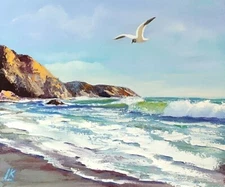 Sea Oil Painting Seascape Painting Seacoast Art Seashore Art Seagull Painting