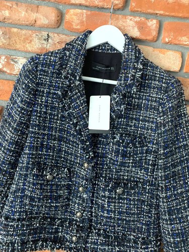 A804 ZARA MUJER AZUL MARINO TWEED DESHILACHADO EMBELLECIDO BLAZER ABRIGO CHAQUETA GRANDE - L - Imagen 8 de 11