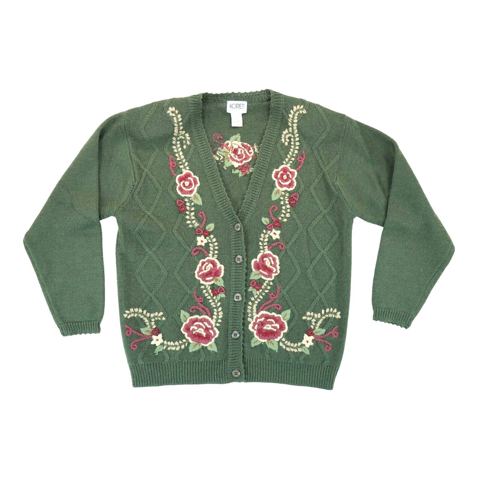 Koret Petites Sweater Embroidered Grannycore Cardigan Wool Blend Green Sz P
