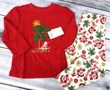 SANTA 0N HOLIDAY TROPICAL CHRISTMAS PAJAMAS SET Toddler Size 2T RED CREAM NEW 