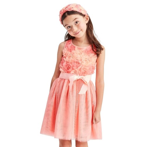 Girls Peach Roses Floral Formal Dress, Cardigan, & Headband Set Size 5/6 - Picture 3 of 16