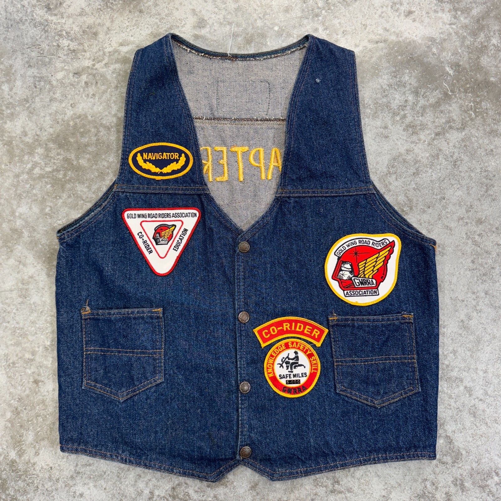 Vintage Gold Wind Riders Denim Vest Mens Medium Blue with Harley Motorcycle Patches