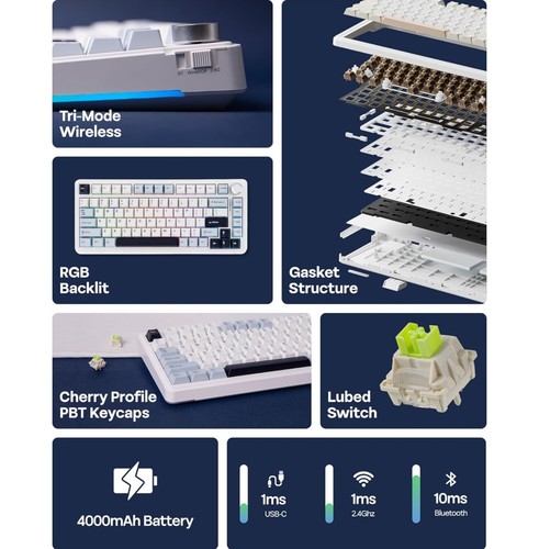 Clavier mécanique sans fil tri-mode, montage joint, bouton, côté RGB et rétroéclairé - Photo 4/10