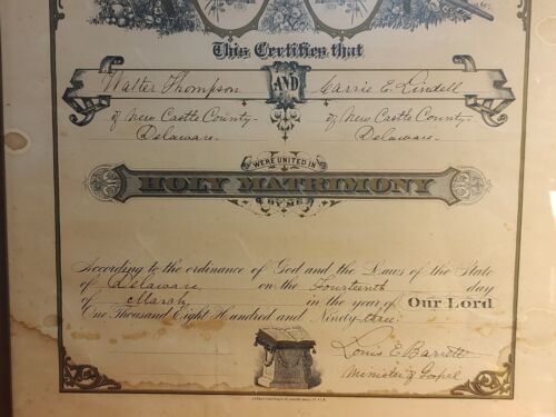 Antique 1893 Framed Marriage Certificate From New Castle Delaware - Picture 3 of 16