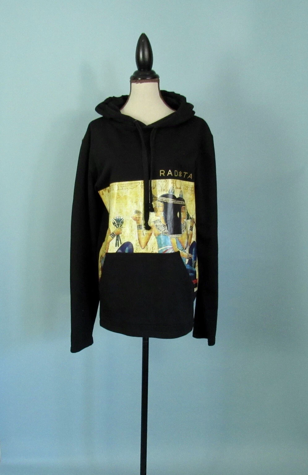 Size: L RAD TATZ Black Hoodie Pullover Egyptian Graphic Print Drawstring Hoodie
