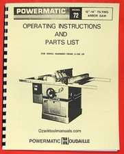 POWERMATIC 72 Arbor Table Saw Owner Operator Parts Manual 0534