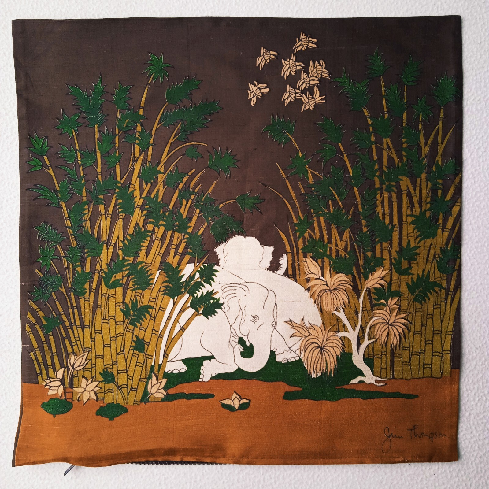 Jim Thompson Double-Sided Thai Silk Pillowcase with Elephant and Bamboo Print