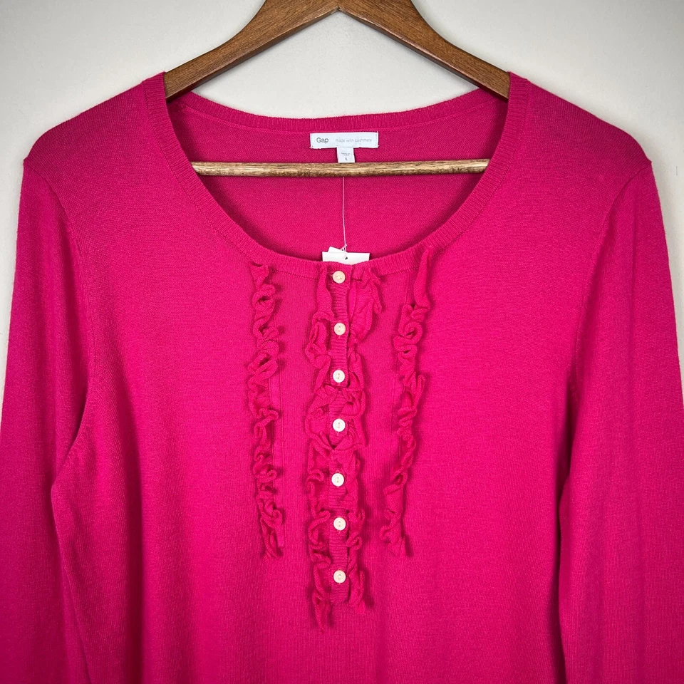 Gap Sweater Top Womens Large Pink Cotton Cashmere Long Sleeve Henley Ruffle New - Image 3 of 4