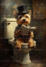 YORKSHIRE ART PRINT, Dog on Toilet Poster, Victorian Canine Bathroom Decor F591
