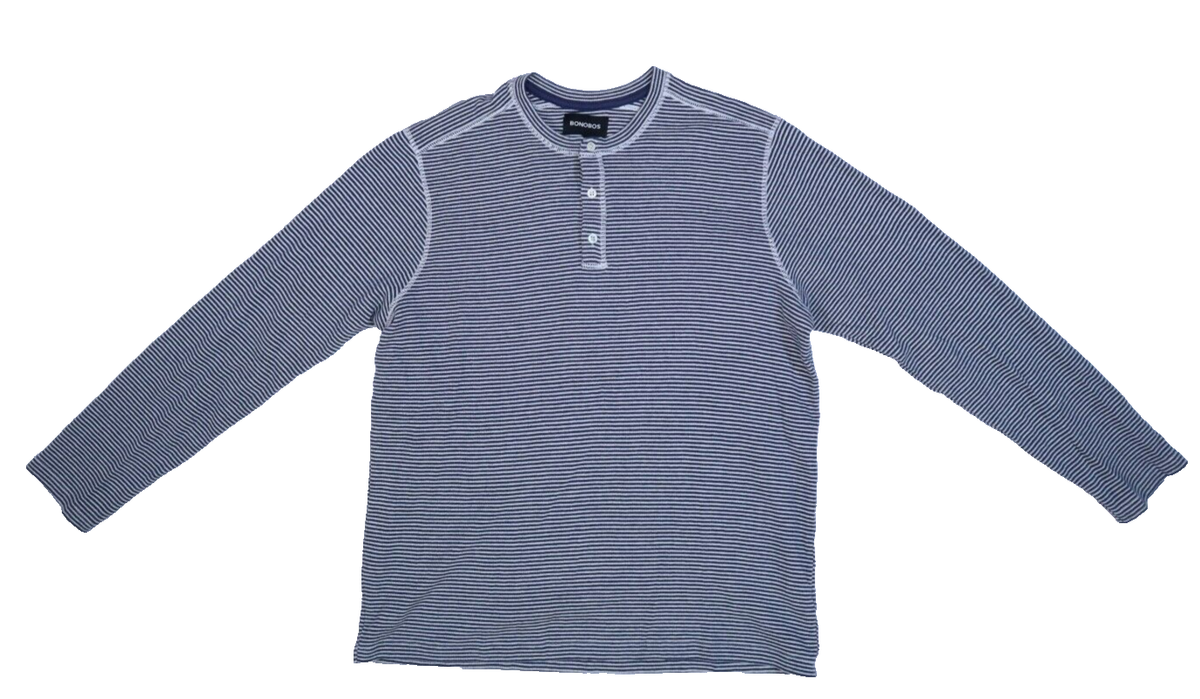 Bonobos Mens Blue White Striped Long Sleeve Cotton Pullover Henley