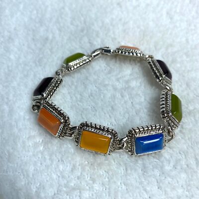 Silver Color Bracelet with Multicolor Rectangle Cats Eye Beads 6 3/4 Inches