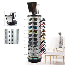 44 Pairs 360 Rotating Sunglass Display Rack, Metal Glasses Stand Holder W/Mirror