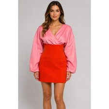 ASOS Pink and Red Colorblock Off Shoulder Puff Sleeve Mini Dress US 16 F100676