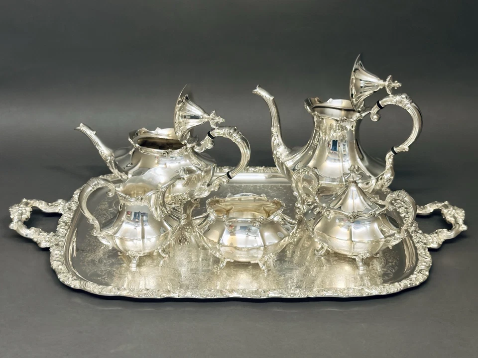 Чудесный антикварный чайный сервиз Reed & Barton в викторианском стиле 5 на подносе Webster Wilcox - Изображение 3 из 4