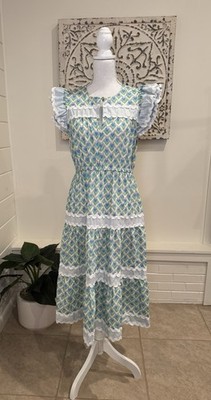 STS Sail to Sable Heart Print Midi Dress Medium Blue Green Ric Rac Ruffle Dress