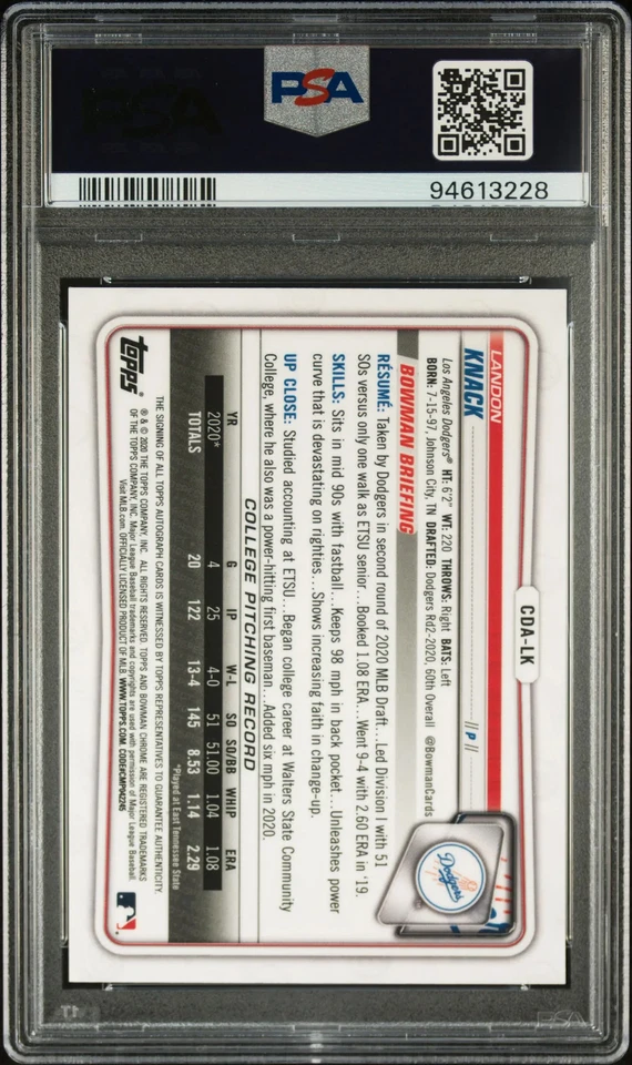 Landon Knack 2020 Bowman Chrome 1st Auto Orange Refractor /25 PSA 10 Dodgers - Image 2 of 2