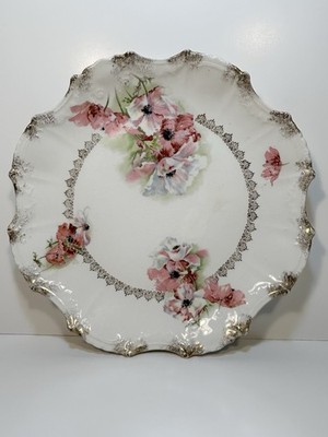 Antique Porcelain Decorative Plate Pink Anemone Floral Gold Scalloped 10 In