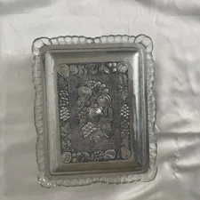 Vintage Divided Pressed Glass Dish Hammered Aluminum Fruit Motif Lid. Beautiful!