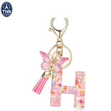 Fashion Alphabet Initial Letter Keychain Resin Butterfly Tassel Pink Heart Pu...