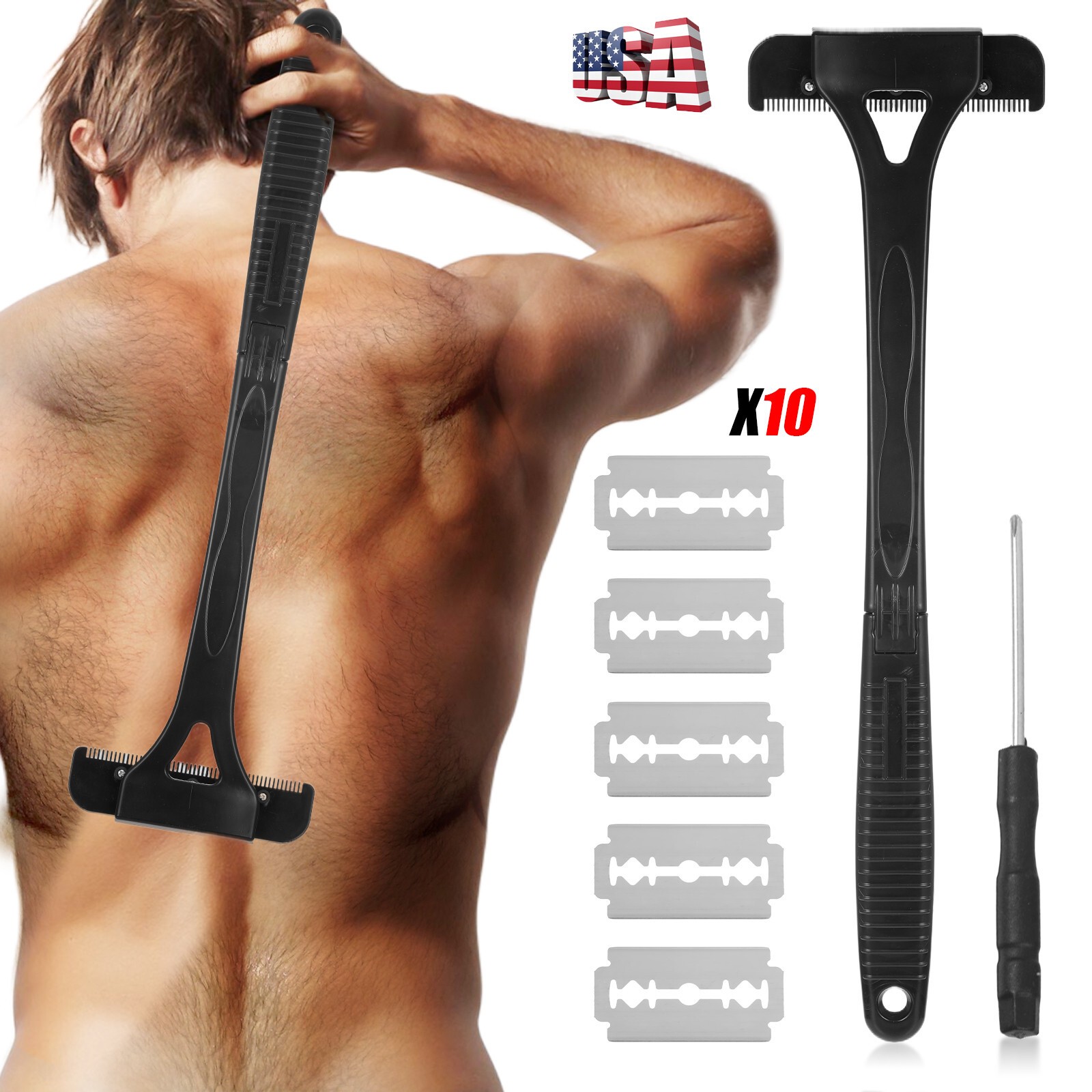 Long Handle Men Back Razor Shaver Groomer Full Body Hair Removal Trimmer Wet&Dry