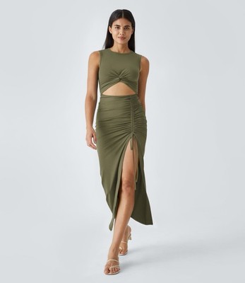 HALARA Midi-Freizeitkleid mit Schlitz Oliv Gr. XL Top Zustand