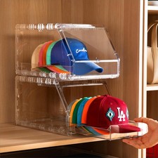 2 Pack Hat Organizer for Baseball Caps Stackable Clear Display Box with Slidin