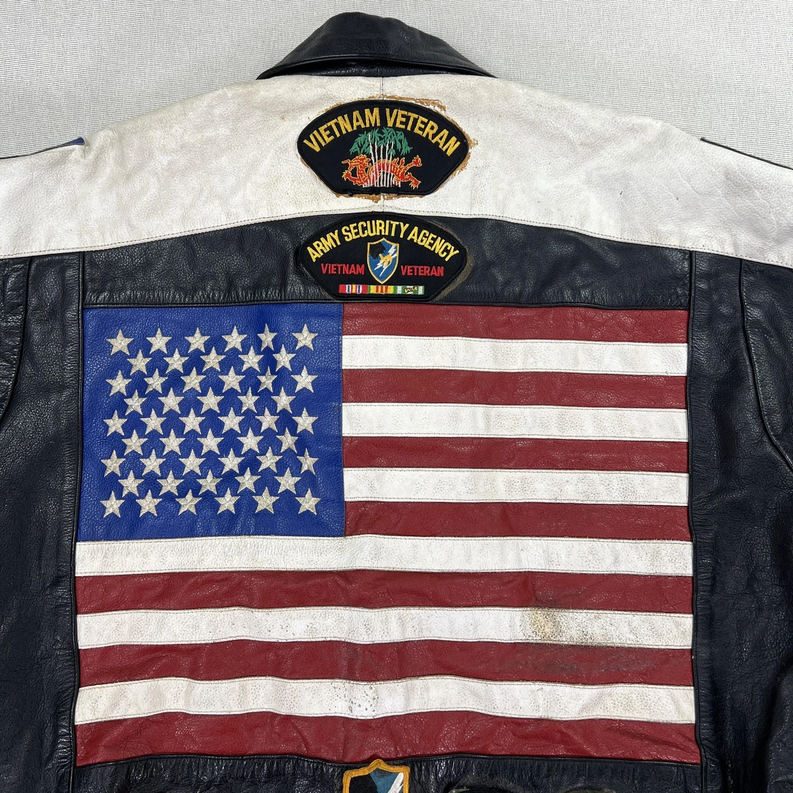 VTG Vietnam Veteran Leather Jacket Mens 4XL USA Flag MACV-SOG Patch American Top image 18