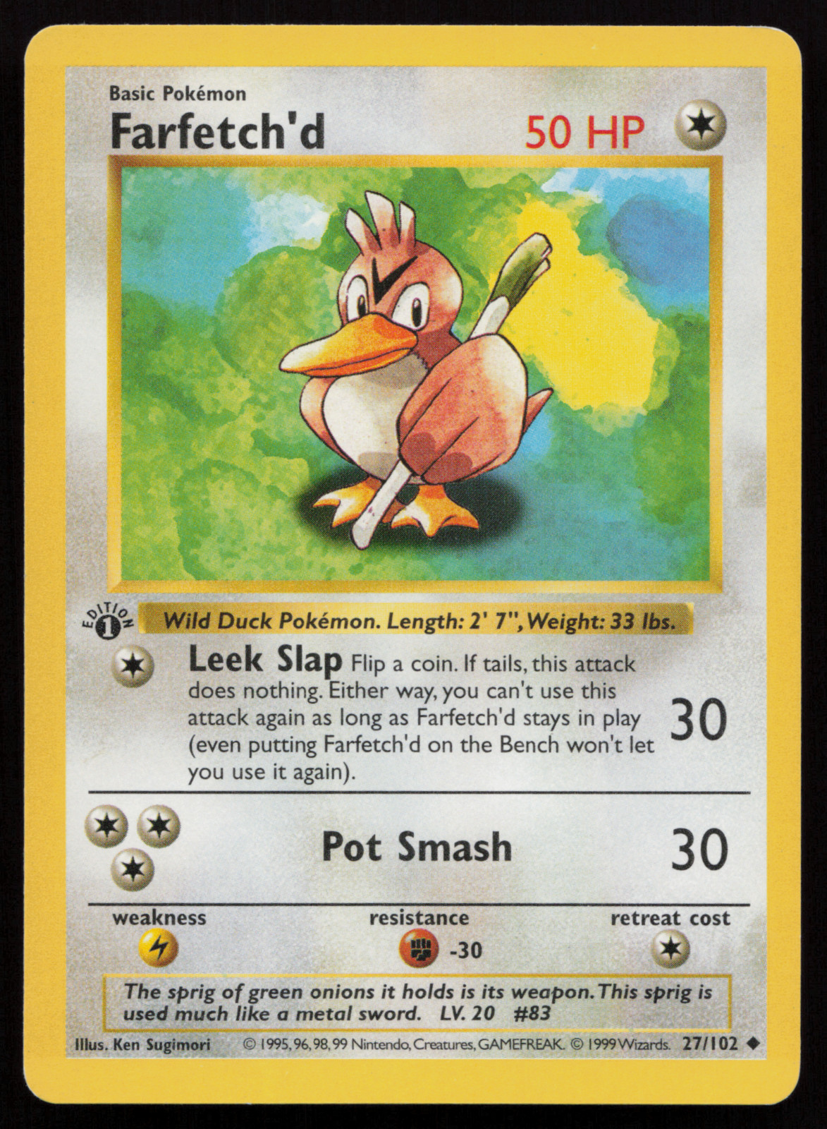 LP Farfetch'd 27/102 Base Set 1st Edition Shadowless, 1999 WOTC Vintage Pokemon