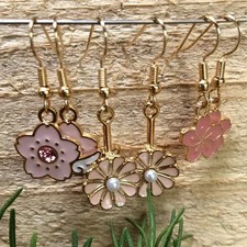 Floral Pink Gold Flower Dangle Earrings, 3 Pair