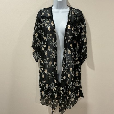 Emory Park Black Floral Kimono Duster Cardigan Sheer Sz 1X Whimsigoth Festival