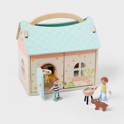 Gigglescape Wooden Fold and Go Dollhouse w/ Doll Figures & Furniture