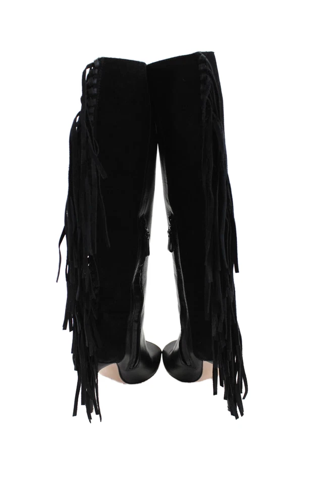 Carolina Herrera Mujer Cuero Flecos Punta abierta Botas Hasta la Rodilla Zapatos Negros Talla 7 Foto 3 de 4