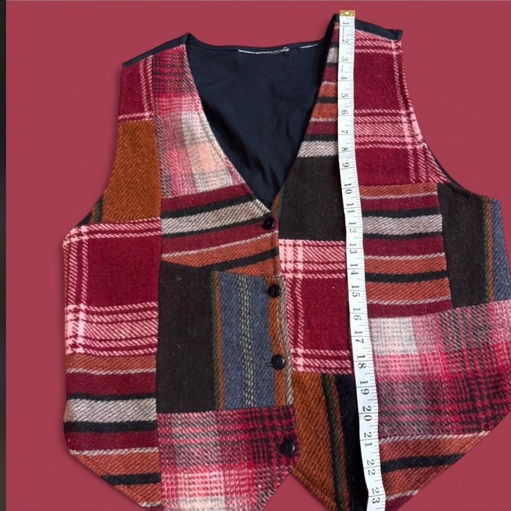 80s 90s Retro VTG Plaid Patchwork Button Up Vest,… - image 6