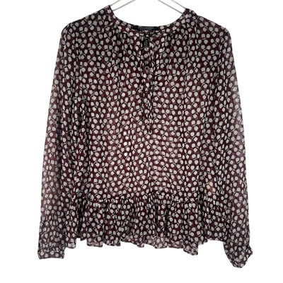 Scotch & Soda Women's Floral Print V-Neck Ruffled Hem Blouse 2 Burgundy Sheer