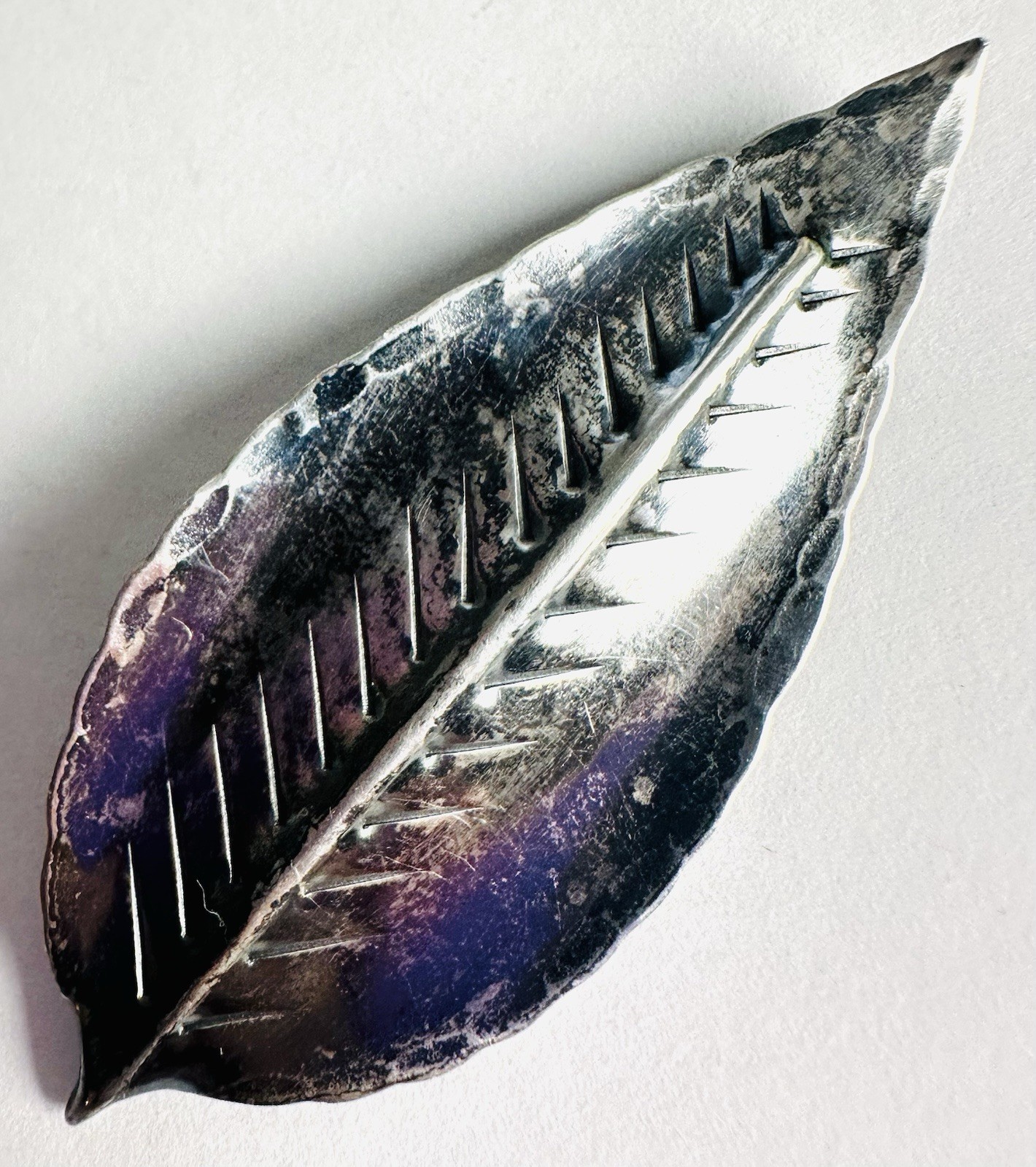 VTG Sterling Silver Hand Made Leaf Brooch Pin Hand Forged Unsigned Stuart Nye?