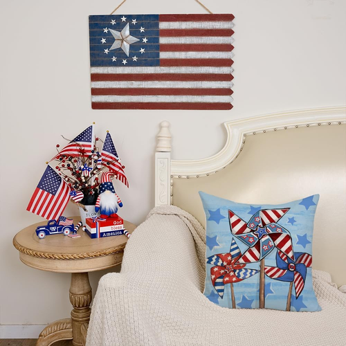 4Th of July Pillow Covers 18X18 Inch Windmills Stars Decor Patriotic Holiday Pil - Picture 5 of 12