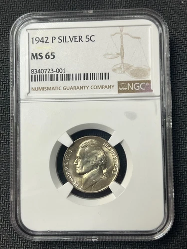 1942 P Uncirculated Jefferson Wartime Silver 5C Nickel NGC MS65