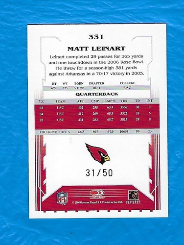 MATT LEINART 2006 SCORE SELECT GOLD ZONE #331 ROOKIE CARD #31/50 ! ! - Picture 2 of 2