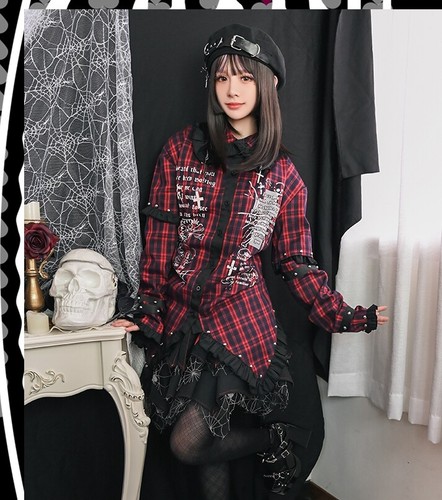 preppy Punk Y2K vagabond wanderer studded cross charm flounce hem shirt JJ2460 - Picture 4 of 10