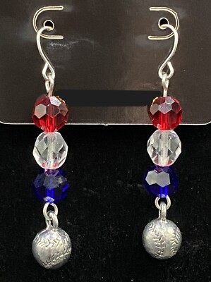 Handmade Baseball Faceted Red White & Blue Glass Bead Earrings by Neanie-Bot