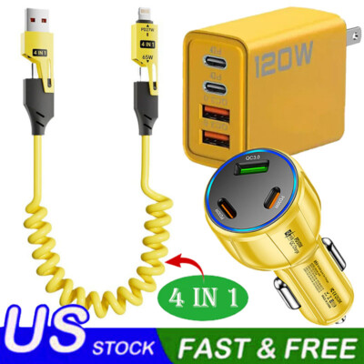120W Fast Type C Wall Charger & 5FT 4 in 1 Cable For iPhone 16 Pro Max 15 14 13