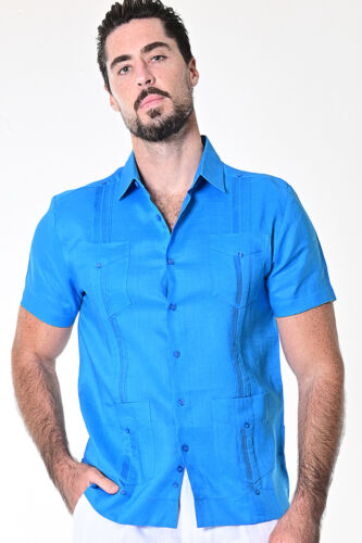 Bohio Guayabera Shirt for Men - Royal Blue Cuban Traditional (4)- Pocket -LS499 - Picture 3 of 5