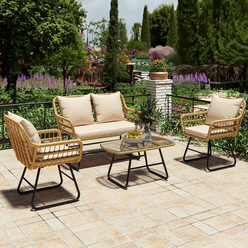 4PCS Outdoor Patio Rattan Wicker Furniture Set Cushioned Loveseat with TableFYU